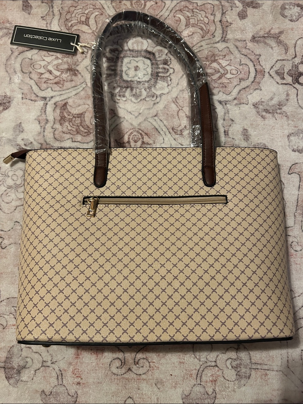 Beige Patterned Tote with Brown Handles